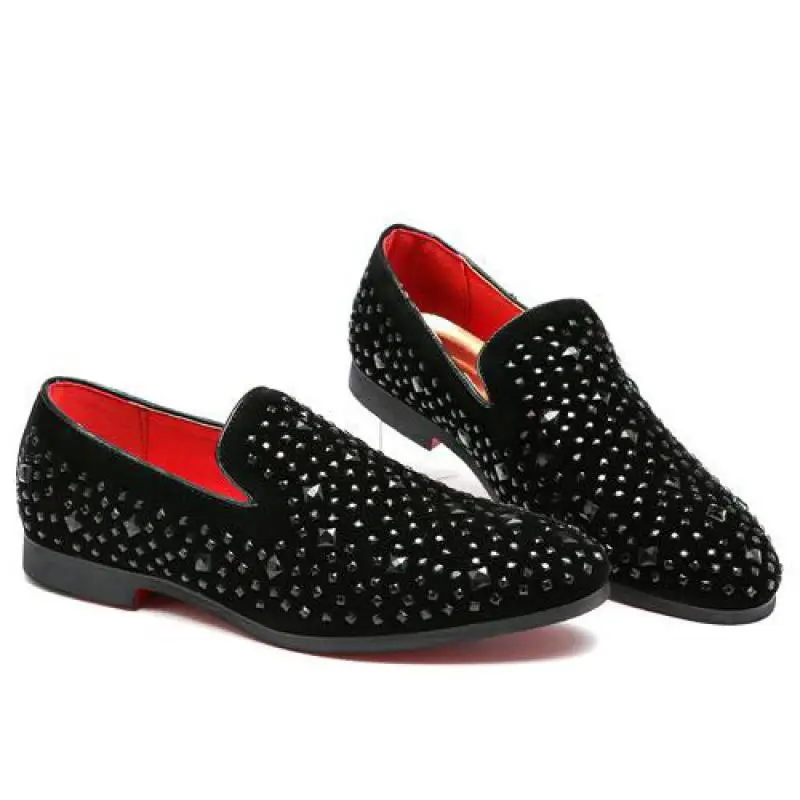 

37~48 Plus Size Mens Suede Crystal Loafers Formal Leather Shoes Slip On Rhinestone Rivet Loafer Pointed Toe Dress Wedding Shoe