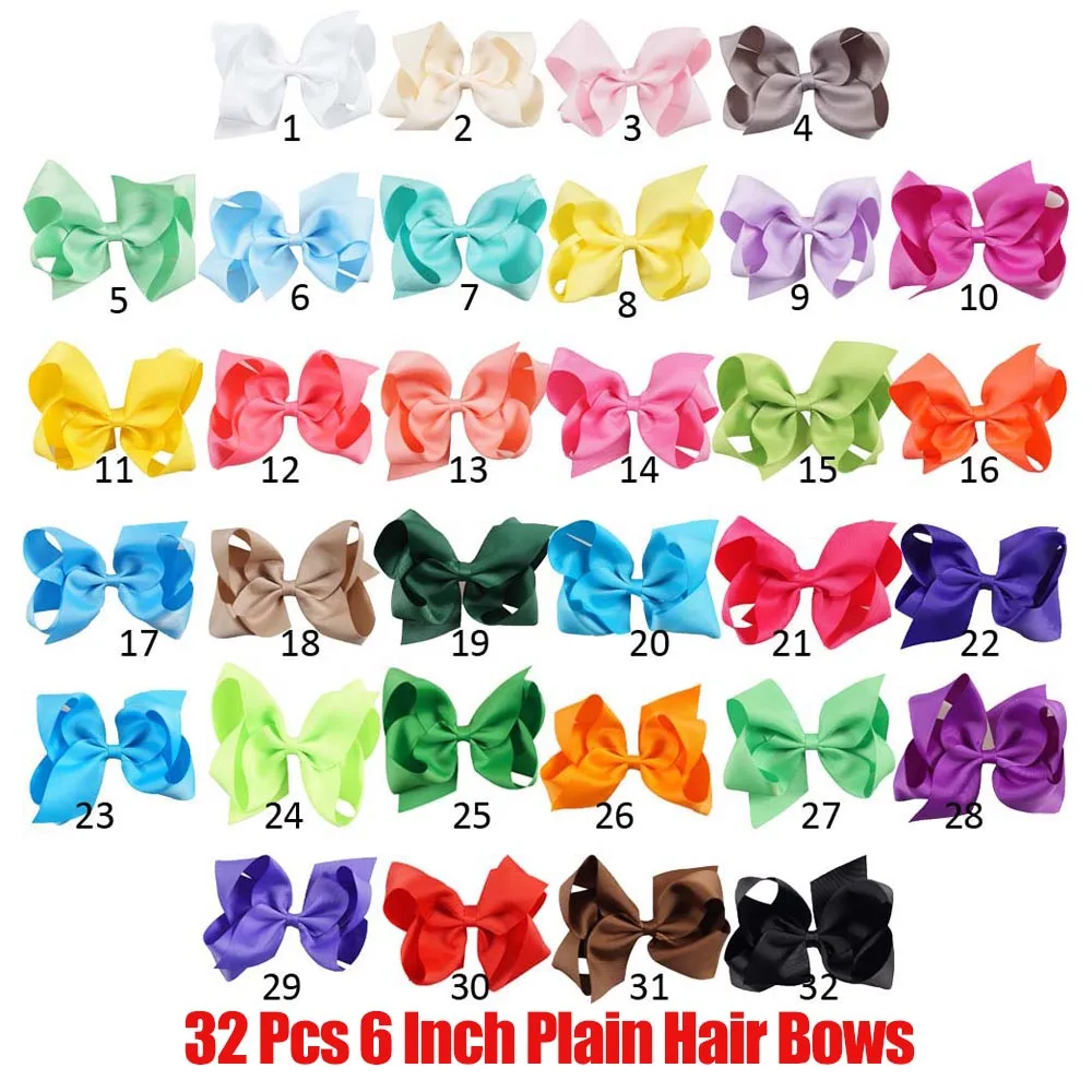 32 Pcs 6 Inch 20-60 шт. Ленточные банты для волос для девочек, ручная работа, сплошная корсажная лента, ленты для волос, детские заколки для волос, набор аксессуаров для волос - Цвет: 32 Pcs 6 Inch