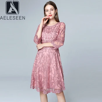 

AELESEEN Top Quality New 2020 Spring Summer Party Women Midi Dresses Lady Allover Appliques Embroidery Sequined Elegant Dress