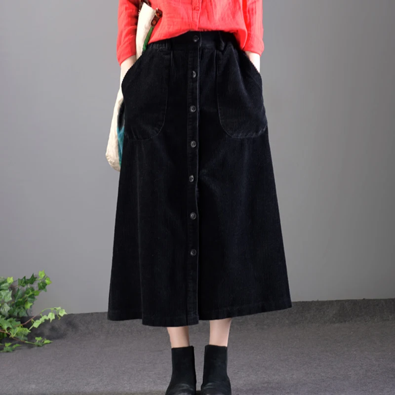 Lucyever Women Corduroy Long Skirt Autumn Winter Vintage Loose A-line Female High Waist Plus Size Thick Warm Ladies Faldas