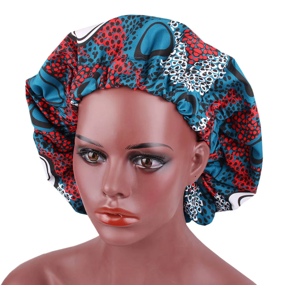 Сиренево-синего цвета Extra Large Satin Lined African Bonnet Stretch Print Women Turban Ankara Bonnets Cap Hair Accessories - Цвет: Сиренево-синего цвета