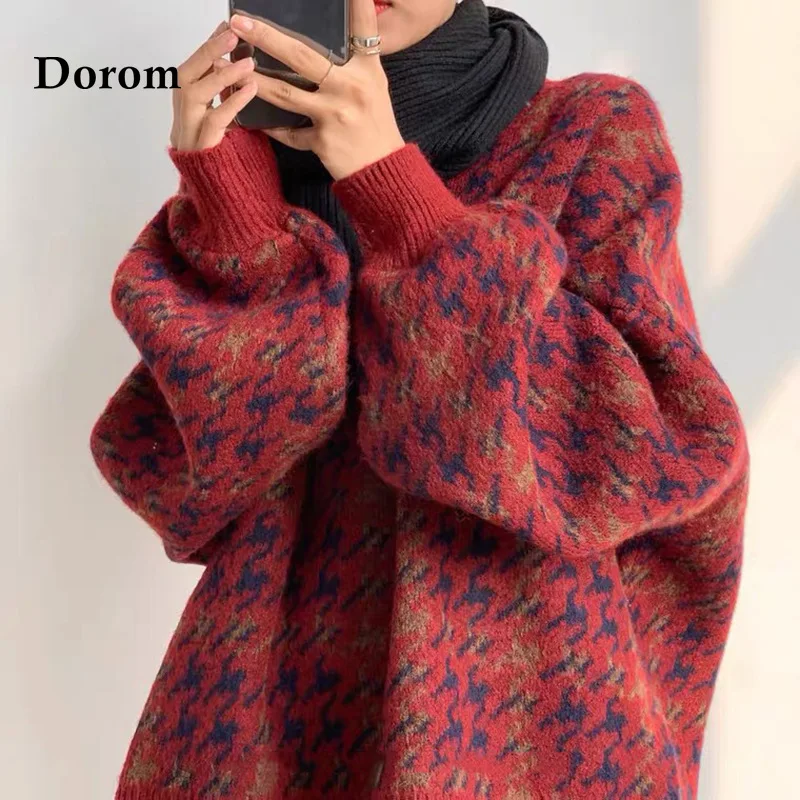 여성용 빈티지 그린 하운드투스 스웨터, O-넥 루즈 니트, 오버사이즈 풀오버, 한국 랜턴 소매, 따뜻한 점퍼, 가을 