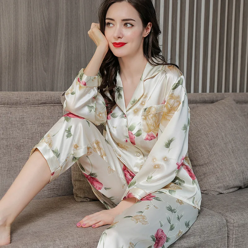 Шелковые пижамы женские шелк весна осень большой размер двухсекционный комплект с длинными рукавами шелковая домашняя одежда