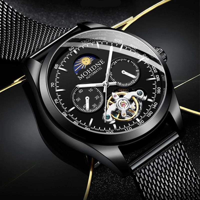 

Black Luxury Men Tourbillon Automatic Mechanical Watch Skeleton Hollow Luminous Hands 3 sub-dials Self-wind Wristwatch