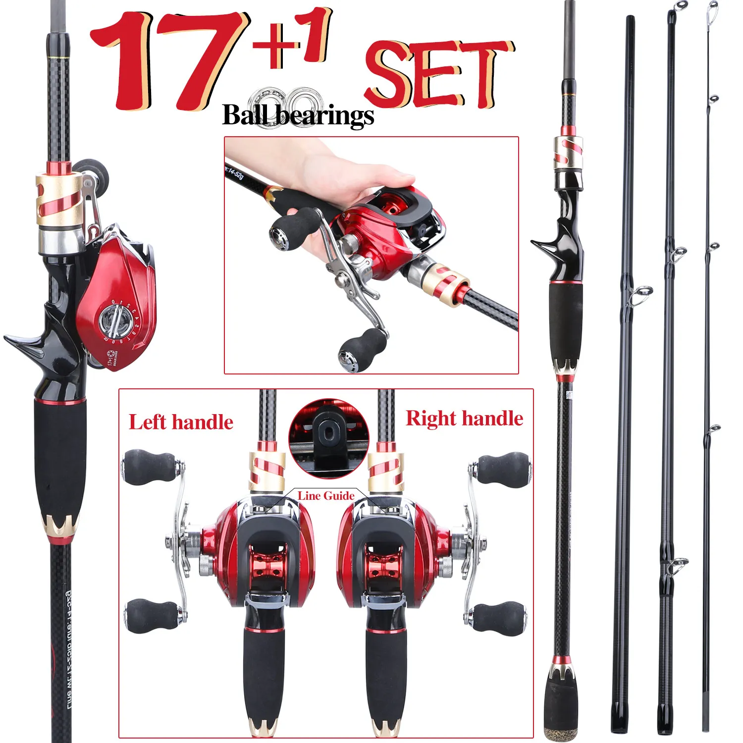 Sougayilang 3 Colors Fishing Rod Combo 1.8/2.1m 4Section Combo Fiber Fishing Pole and 17+1bb 6.3:1 High Speed Gear Ratio Set