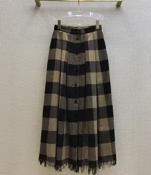 

2020 Autumn High quality Women's 100% Wool plaid tassels Skirts Chic women elegant A-line skirt C297