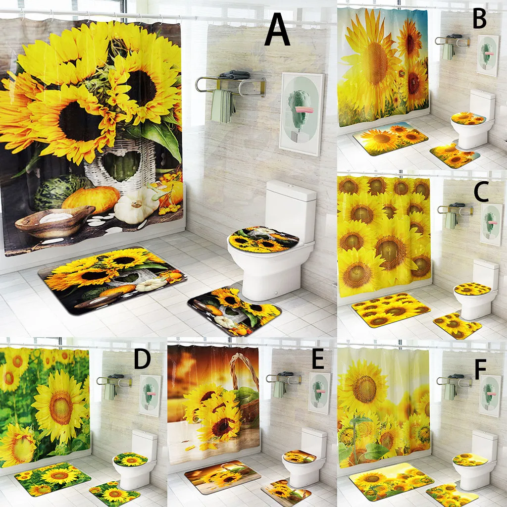 Praktis 4 Pcs Set Sunflower Non Slip Toilet Poliester Cover Mat Lantai Mat Set Kamar Mandi Shower Tirai Keset Kamar Mandi Kamar Mandi Cocok Aksesori Kamar Mandi Set Aliexpress