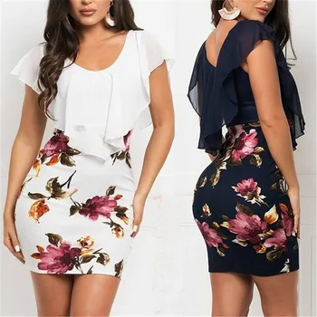 

New Fashion Summer Women Stunning Chiffon Patchwork Party Dress Flounce Floral Print Bodycon Dresses Plus Size S-5XL