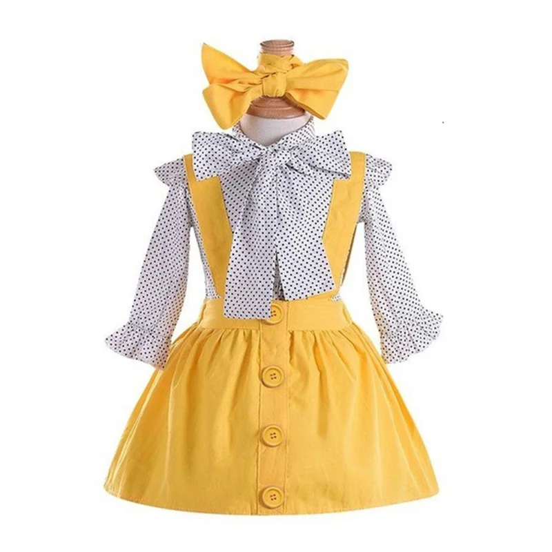 

1-6Y Spring Summer Kids Baby Girls Clothes Sets polka Dot Long Sleeve Shirt +Strap Skirt + Headband Girl Outfits Suits Clothing