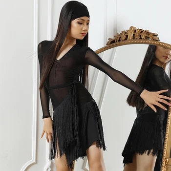 

New Latin Dance Dress Tango Rumba Salsa Cha Cha Samba Black Mesh Fringed Dress Latin Dance Practice Clothes For Girls DNV13823