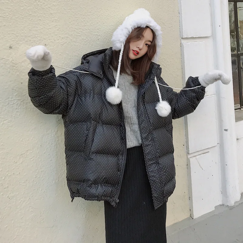 

INS Super Fire Polka Dot Cotton Overcoat Women's 2019 Winter New Style Korean-style Loose-Fit Versatile Students Hooded down Coa