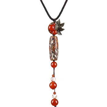 

new style accessories buddhism style vintage pendant red drop round stone ladies exaggerated long necklace