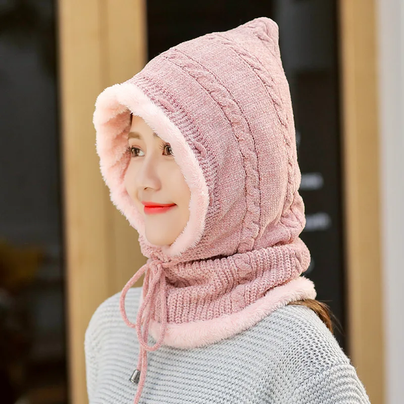 Женские шапки Skullies, ветрозащитный для езды, маска, защита для ушей, Балаклава, зимние шапки для женщин, Толстая теплая вязаная шапка для женщин и мужчин - Цвет: Розовый