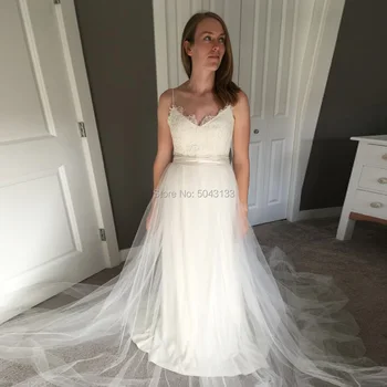

Simple Robe de mariee Lace A Line Backless Bohemian Wedding Dresses Off the Shoulder Sleeveless Bridal Gown with Bowknot