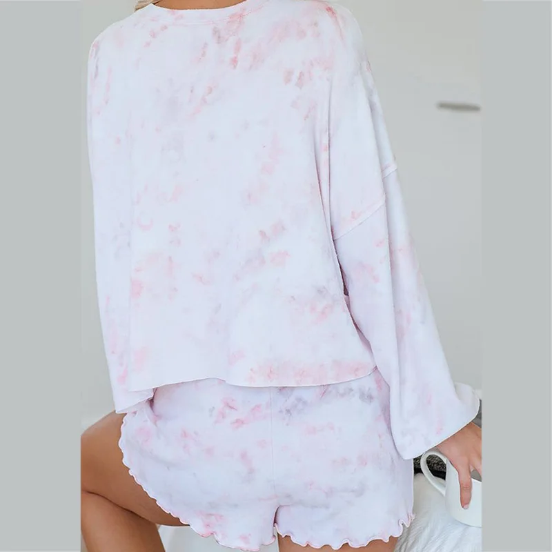 Breathable women pajamas set lace up casual long sleeve sleepwear women two pieces fashion print summer home clothes new DR1826 (17)