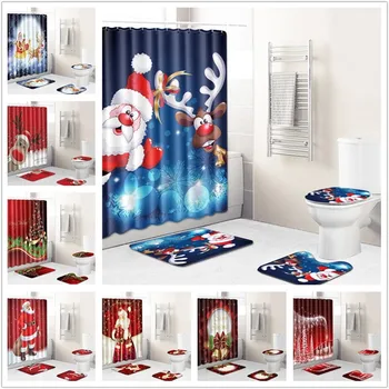 

Merry Christmas Elk Santa Father Bathroom Waterproof Shower Curtain Set Pedestal Rug Lid Carpet Toilet Cover Bath Mat Set