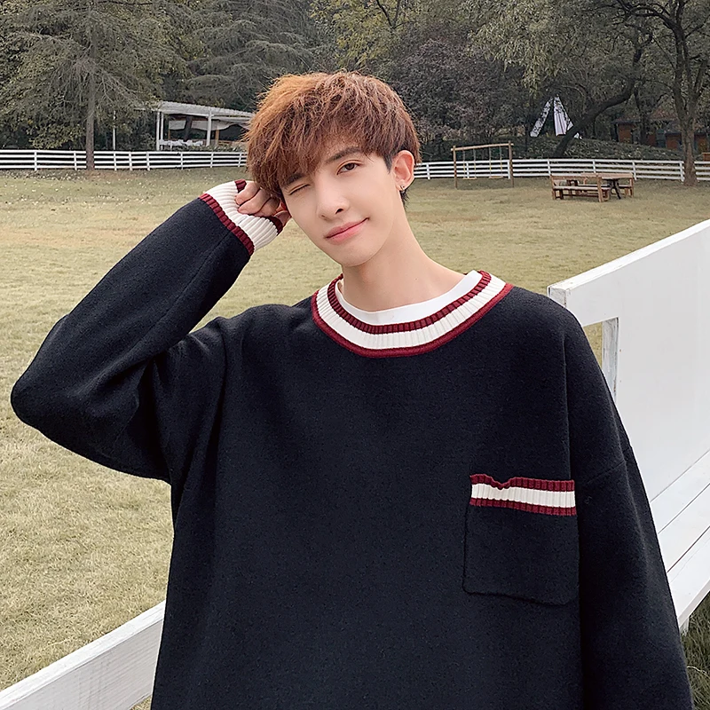 Winter Sweater Men's Slim Warm Fashion Contrast Color Casual O-neck Sweater Pullover Man Long-sleeved Sweater Large Size M-5XL - Цвет: black