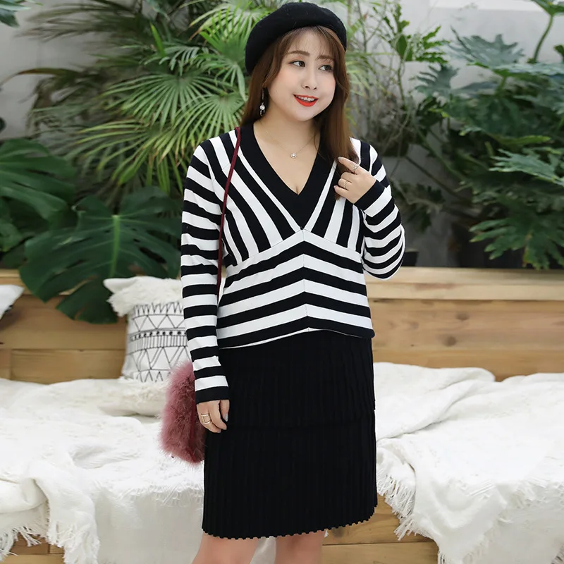 

2019 Autumn Clothing Large GIRL'S Large Size Dress Plus-sized Stripes Knit Low Waist Jersey Supply of Goods 7153