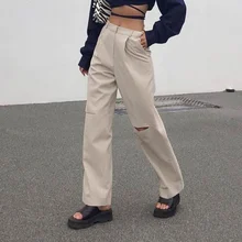 

Straight Elastic High Waist Hole Solid Beige Loose Women Casual Pants 2021 Summer Spring Lady Outfit Fashion New Female Trousers