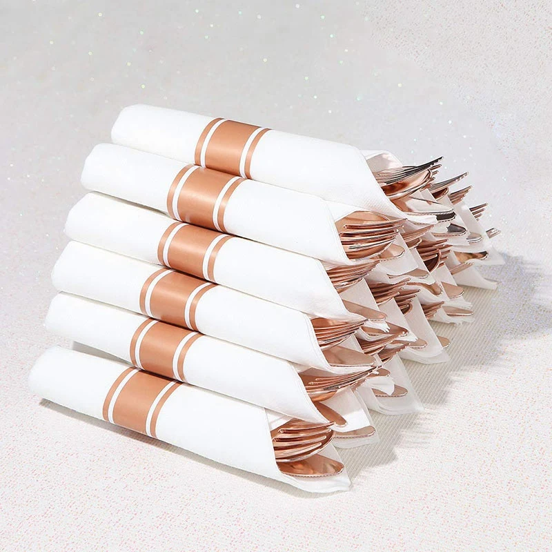 

200Pcs Rose Gold Plastic Rose Gold Cutlery with Napkins-Heavyweight Disposable Flatware Includes 50x Forks, 50x Spoons, 50x Kniv