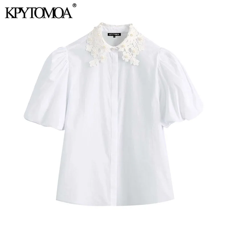 KPYTOMOA Women 2020 Sweet Fashion Faux Pearl Beading White Blouses Vintage Lapel Collar Puff Sleeve Female Shirts Chic Tops KPYTOMOA Women 2020 Sweet Fashion Faux Pearl Beading White Blouses Vintage Lapel Collar Puff Sleeve Female Shirts Chic Tops