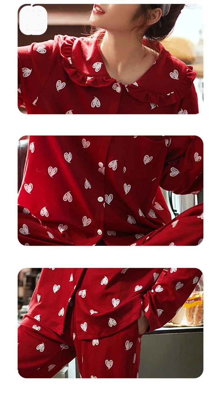 Осенне-зимняя хлопковая пара пижам для мужчин и женщин, хлопковая красная Домашняя одежда с длинными рукавами для свадьбы, большой размер, пижамный комплект с рисунком сердца