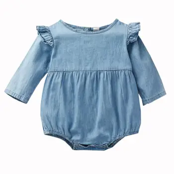 

2020 Autumn New Baby Clothes Toddler Kids Girl Baby Denim Bodysuit Solid Long Sleeve Jumpsuit Outfit 0-18M