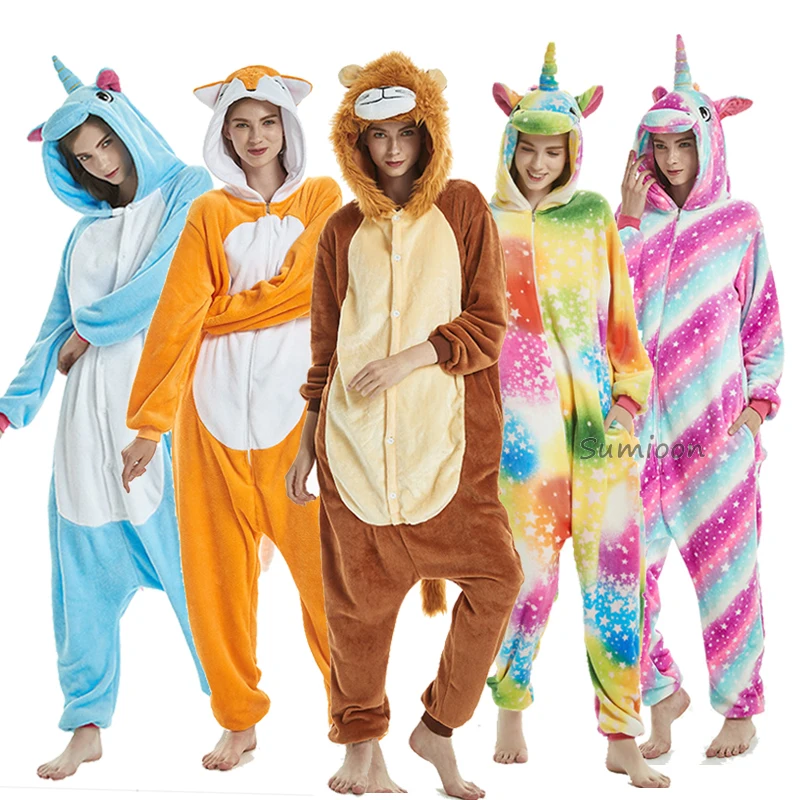Пижамы единорога, женский комбинезон, кигуруми, панда, зимняя Фланелевая пижама, кигуруми, для взрослых, животные, Ститч, единорог, одежда для сна, Комбинезоны