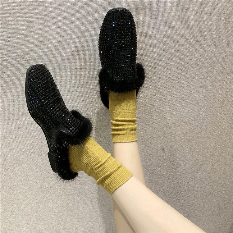 Shiny rhinestone furry slippers cozy fashion outdoor slides woman warm fur Lightweight Breathable shoes zapatos de mujer