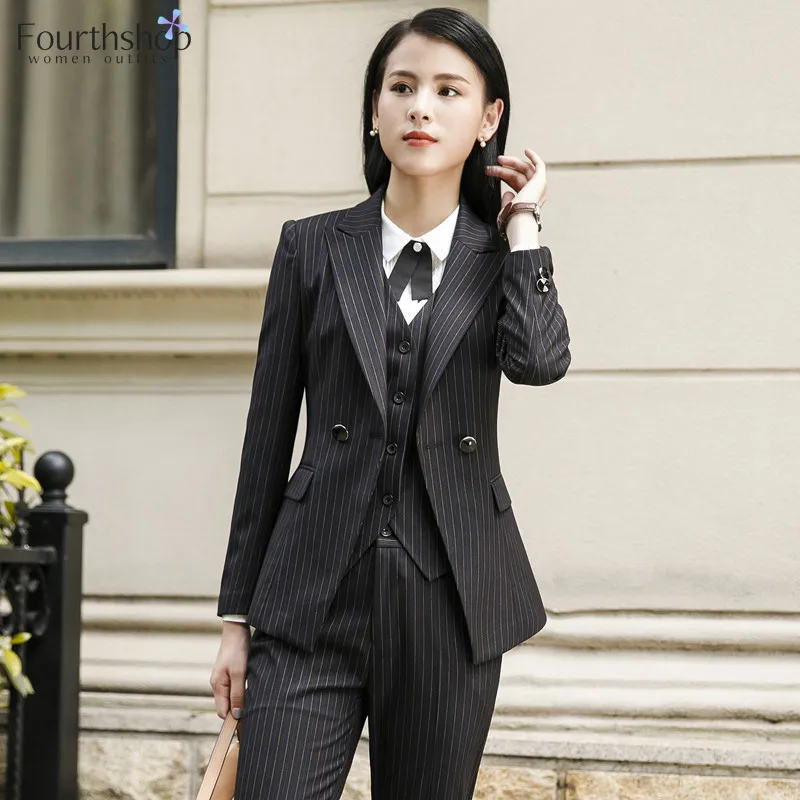 Office Style Striped Black Blazer Pants Suits Women 3 Piece Set Waistcoat  Trousers Jacket Business Lady Work Uniform 2021 Winter