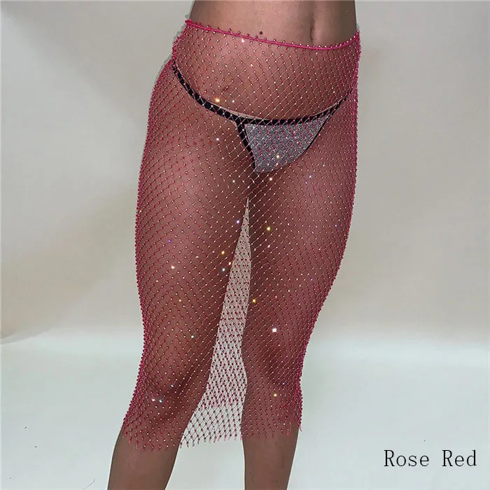 Rose Red Блестящие стразы, бриллианты, сетчатая юбка, открытая сетка, прозрачная, двойного назначения, юбка миди, пляжный отдых, бикини, накидка, юбка - Цвет: Rose Red