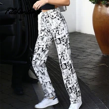 

Fitshinling Goth Straight Long Pant Graphic Printed Cartoon Face Trousers Casual Street Style Distressed High Waist Dark Grunge
