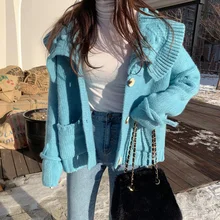 Сладкий Укороченный кардиган Lazy зимний свитер Для женщин корейские милые кавайные вязаный белый осень Джерси Mujer Повседневное синий Kazak