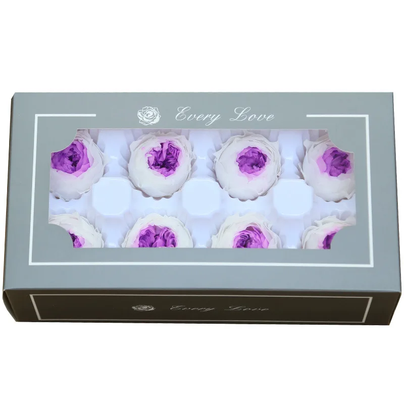 1 коробка высокого качества вечный цветок Роза Остина диаметр цветка 4-5 см класса А с лакированным вечные цветы материал для изготовления подарочной коробки - Цвет: White Purple