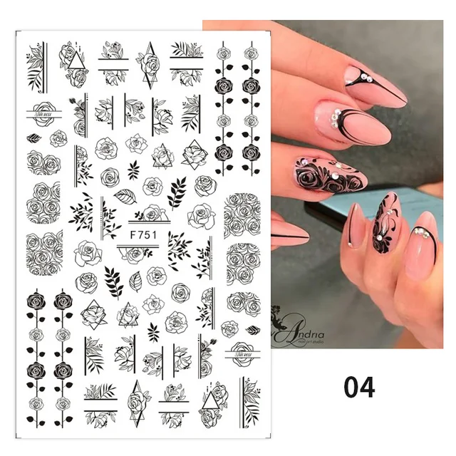 Black White Butterfly 3D Nails Sticker Geometry Decals Flower Gold DIY Decals Designs For Nail Art Manicures Decorations Salon 23