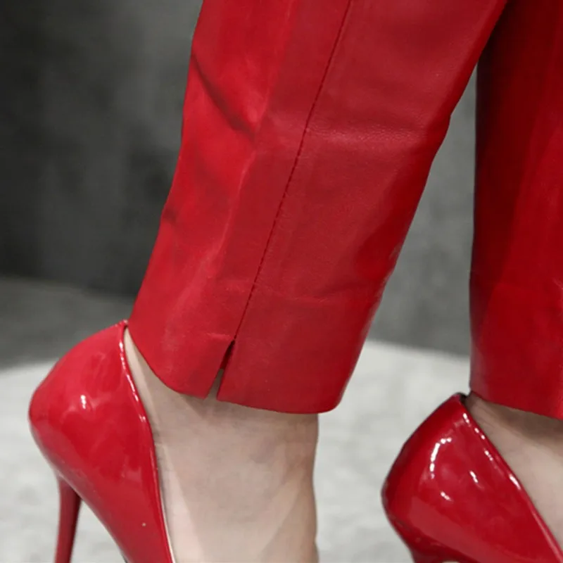 Зимние Модные брюки из овчины, женские красные Яркие Кожаные брюки, женские облегающие брюки с эластичной талией размера плюс XXXL