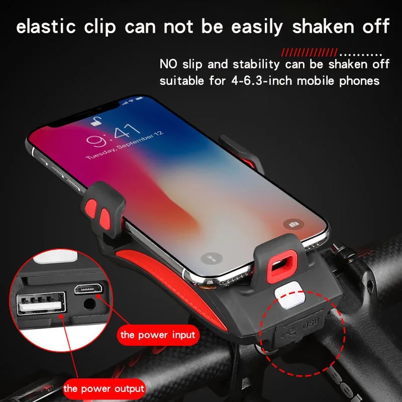 3 In 1 Bike Light USB Highlight Bicycle Phone Holder Light Cycling Horn Led Light Power Bank Mobile Phone Bracket Rechargeable