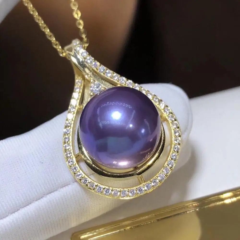 

D528 Pearl Pendant Fine Jewelry 925 Sterling Silver Round 12-13mm Nature Fresh Water Edison Purple Pearls Pendants Necklaces