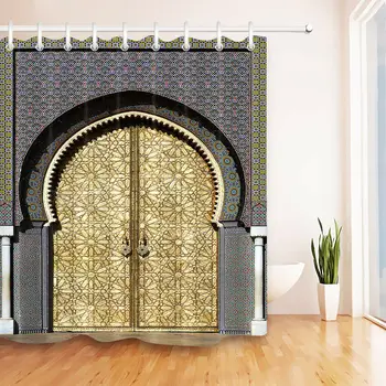 

Moroccan Shower Curtain Antique Arched Doors Morocco Yellow Doorknob Ornamental Carved Fabric Bathroom Decor Set with Hooks