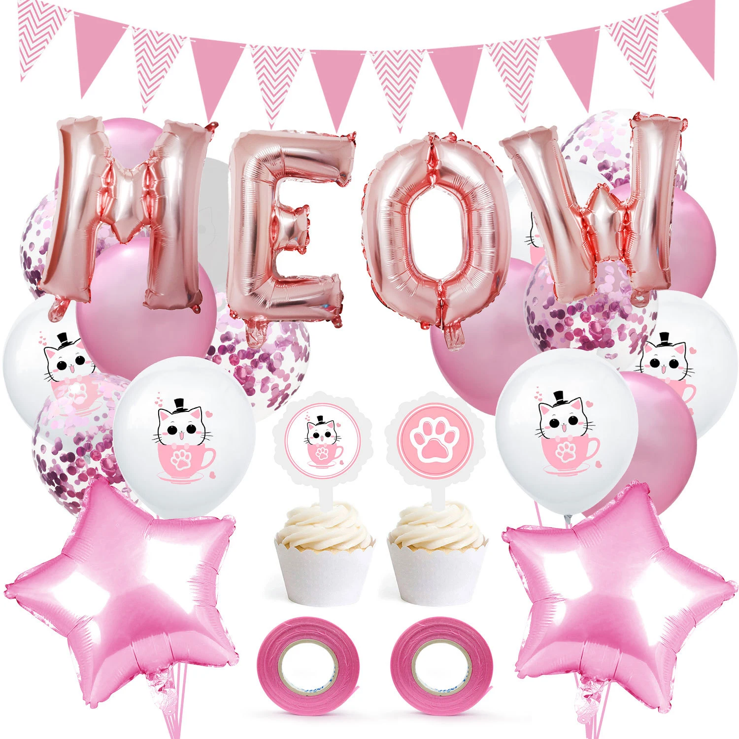 

1set DIY Cartoon Cat Dog MEOW WOOF Latex Foil Confetti Balloon Flag Cake Stick Set Baby Shower Kids Birthday Party Decor Ballons