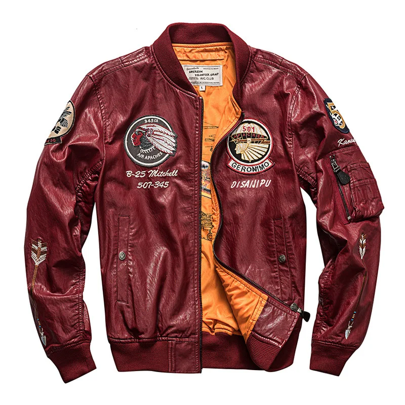 ABOORUN индийская кожаная куртка с вышивкой пилот MA 1 Мужская Черная мотоциклетная Байкерская кожаная куртка для мужчин R3026 - Цвет: Красный