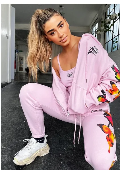 

Womens Outfit Spaghetti Strap Low-Cut Tank Top + Zipper Hoodie + Tie-Waist Pants with Butterfly Patterns Suits for Ladies 3 Pcs