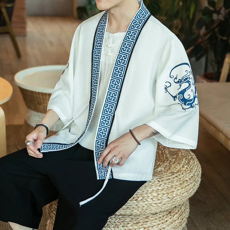 Кимоно кардиган Мужское традиционное японское кимоно пляжное тонкое азиатская одежда японское кимоно юката мужской модный Повседневный Кардиган Рубашка - Цвет: 2201W