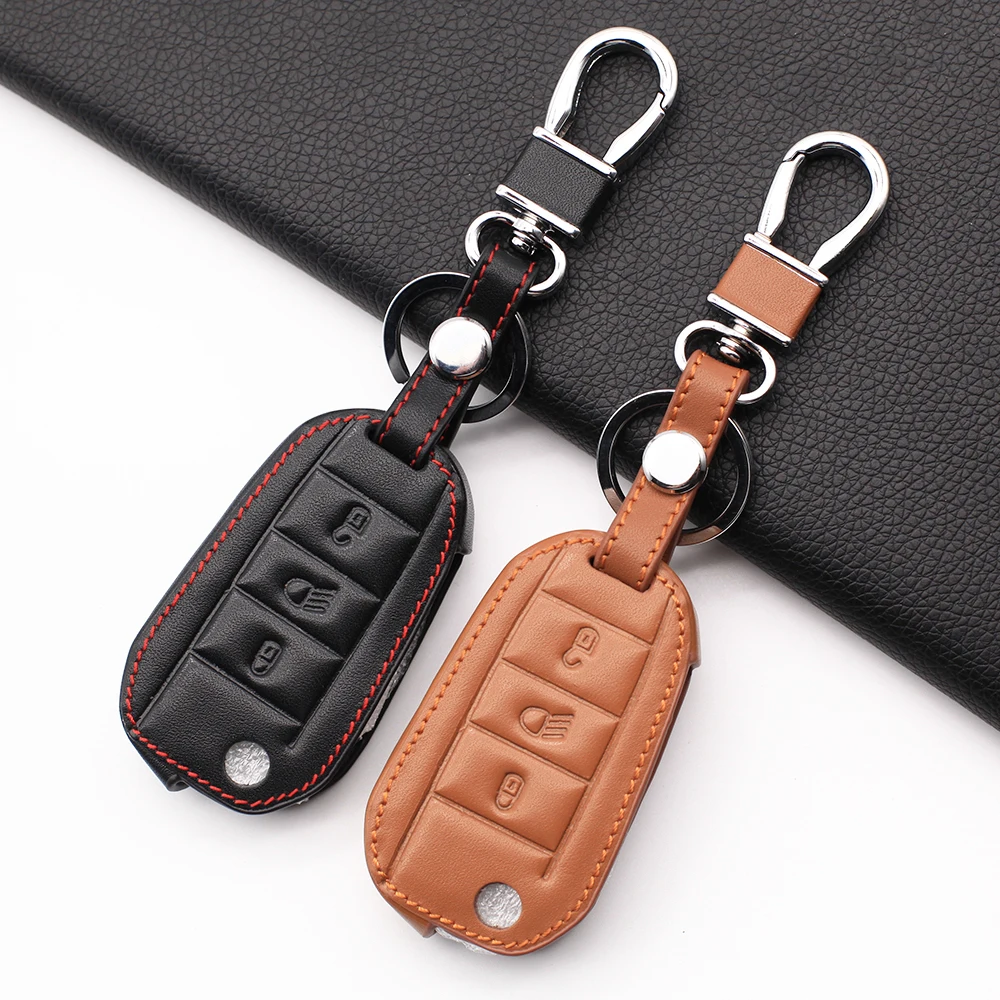 3 button genuine leather car key case protective cover holder skin car accessories for peugeot 3008 208 308 508 408 2008
