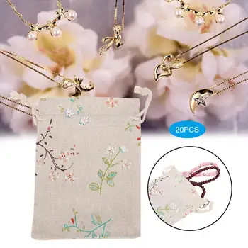 

20pcs Linen Drawstring Pouch Flower Pattern Multi-Purpose Bag Gift Storage Bag Pouch Linen Drawstring Pouch