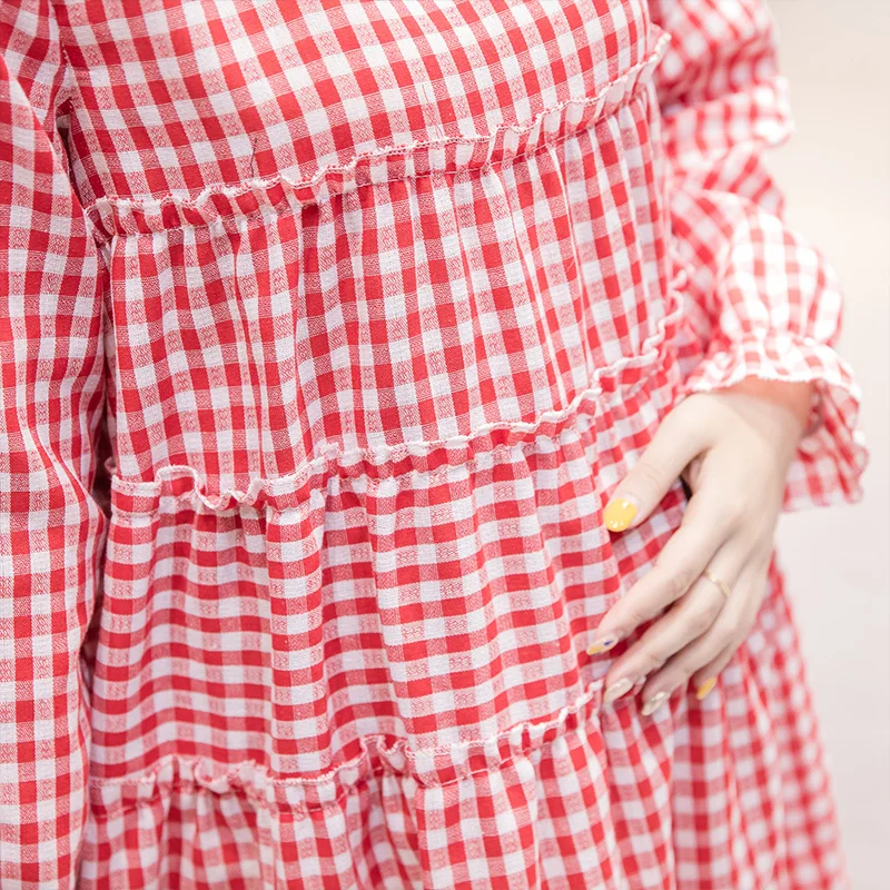 Red Plaid Maternity Dresses Vintage Loose Pregnancy Dress Casual Korean Pregnant Dress New Spring Autumn Clothes for Pregnant