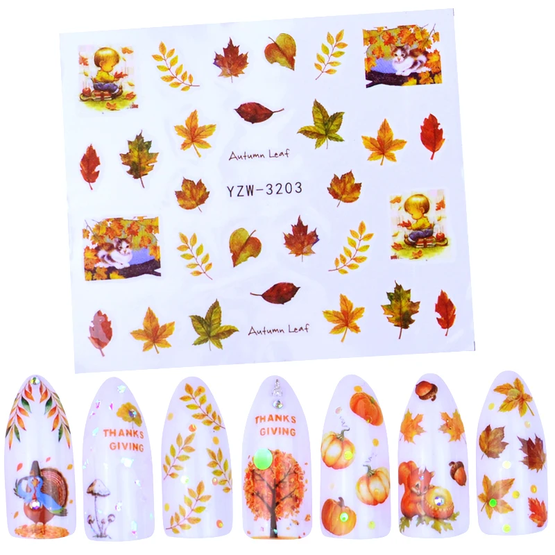 1 лист осенние листья наклейки для ногтей Золотой желтый кленовый лист Водные Наклейки слайдеры фольга осенний дизайн для маникюра ногтей - Цвет: YZW-3203