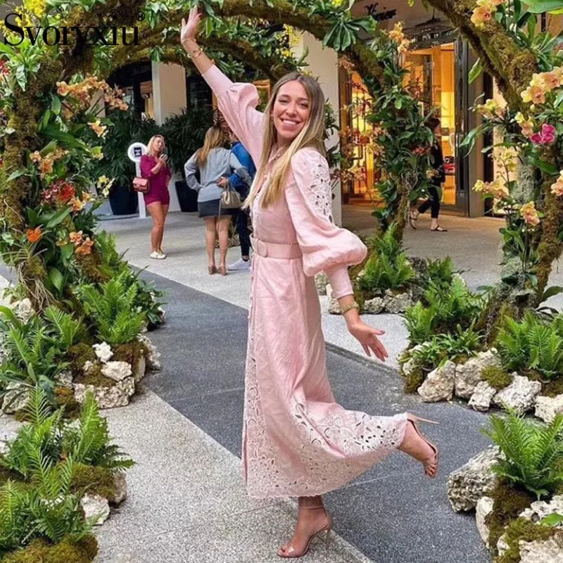 

Svoryxiu 2020 Spring Summer Runway Embroidery Pink Long Dress Women's Lantern Sleeve Single-Breasted Elegant Party Dresses