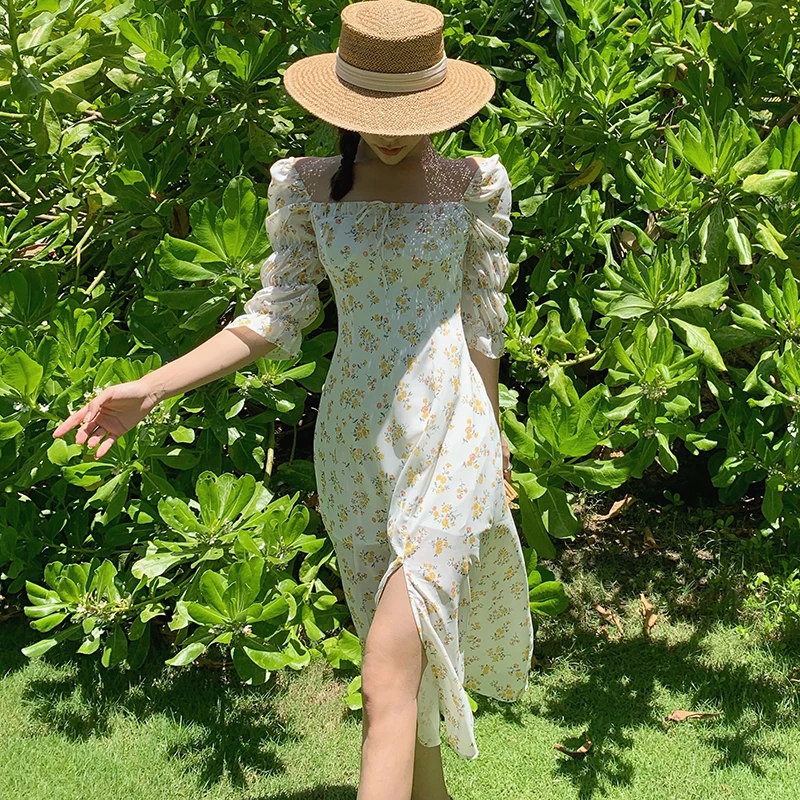 

Women Long Chiffon Floral Dress Summer 2020 Runway Vintage Elegant Korean Casual Party Dress Boho Tropical Beach Vacation Dress