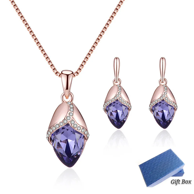 

Necklace Earrings Set Golden Flower Rose Drop Crystal Box Chain New Fashion Woman Wedding Dress Christmas Gift Jewelry Sets